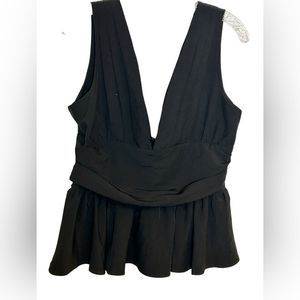 Malibu Sky V-neck peplum top; black, pleated, cummerbund waist, polyester, NWT